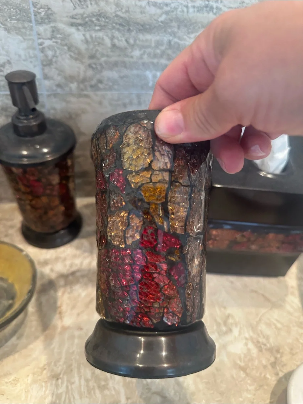 Decorative Yellow and Red Mosaic Bathroom Accessory Set Lot of 6 items